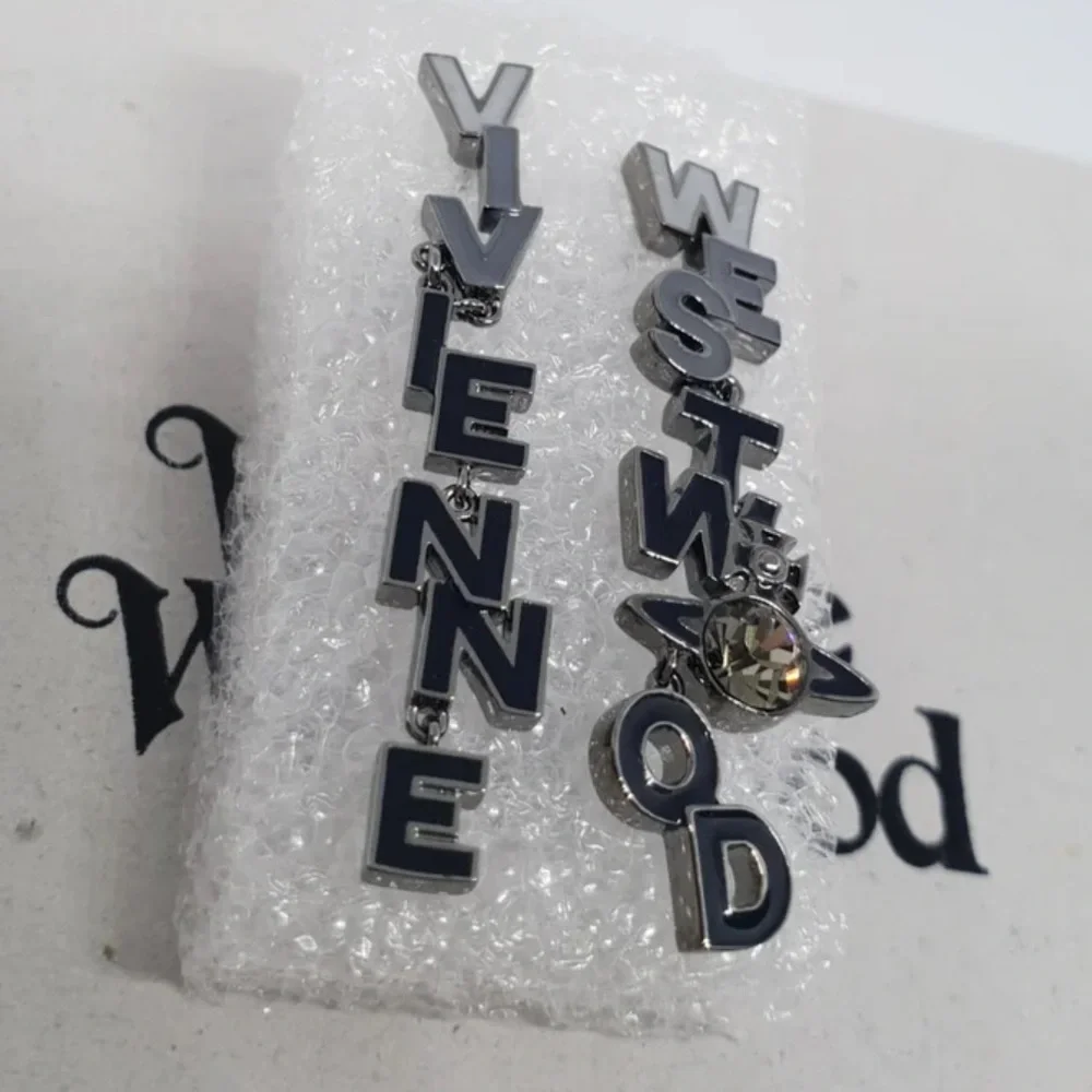 VIVIENNE WESTWOOD Soho Enamel Drop Logo Letter Earrings Blue Silver Crystal Orb - Picture 8 of 14